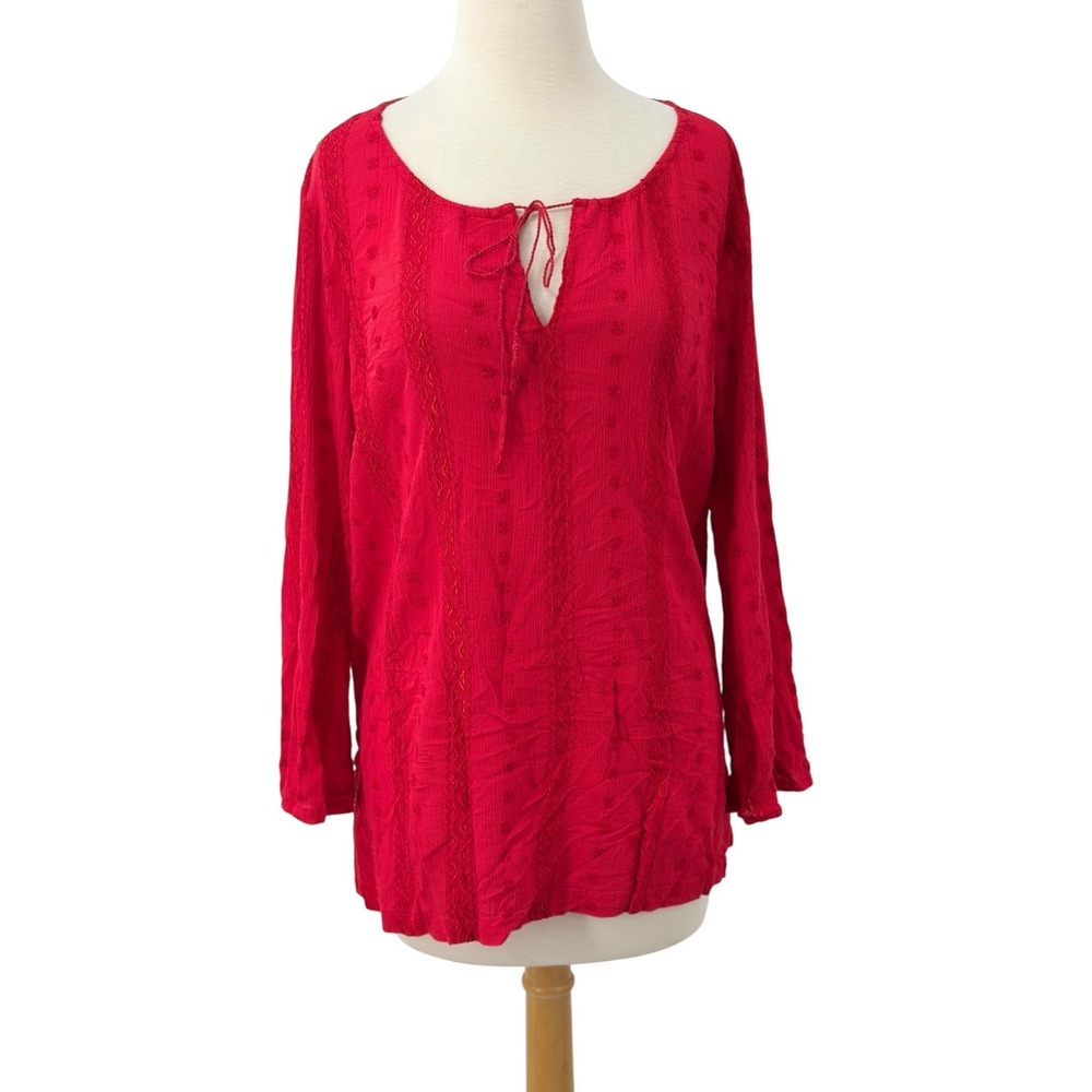 Motherhood Maternity Womens Red Embroidered Boho Tie Neck Blouse Top Size L